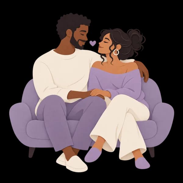 Un couple complice, installé ensemble dans un fauteuil lavande